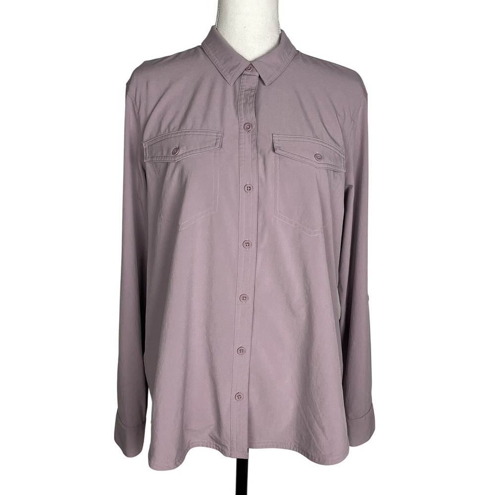 Eddie Bauer Departure Shirt Women's L Mauve Roll Tab Sleeve Button Front Stretch